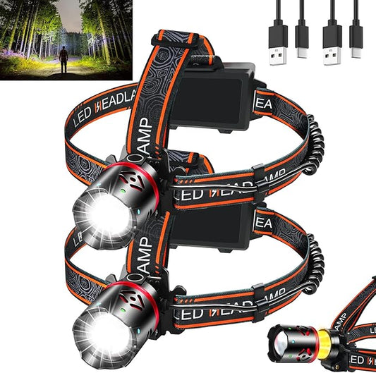 Rechargeable Headlamp 2 Pack, 3500LM Super Bright LED Headlight with 90° Adjustable Beam, IPX4 Waterproof, 4 Modes Zoomable Head Lamp for Camping, Hiking, Hunting, Running, Cycling, Emergency