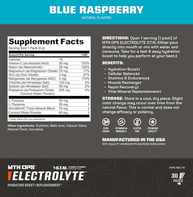 MTN OPS Electrolytes Powder Packets, Sugar Free Hydration Packets, Gluten-Free Hydration Powder, Electrolyte Packets STM ?œStraight to Mouth??- Variety Pack of 3 Flavors, 30 Packs