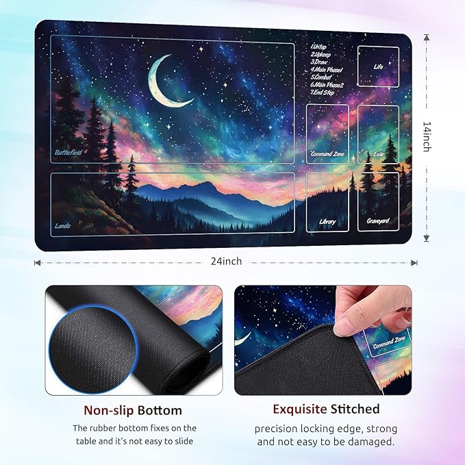 MTG DND Play Mat Game Mat - 3MM Thick High-Density Non-Slip Surface, Stitched Reinforced Edges for Magic playmats, DND Tabletop RPG, TCG Card Games (Stellar Ridge Mirage)