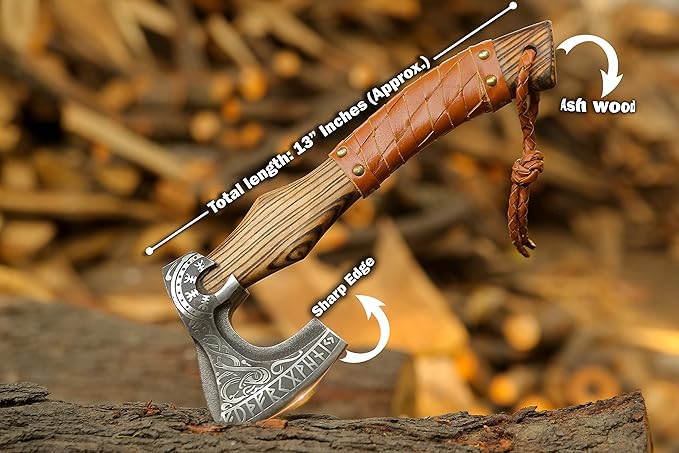 13??Inch Viking Axe- Ash Wood Handle Hatchets and Axes with Leather Wrap, Wood Splitting Axe, Camping Axe, Throwing Axes and Tomahawks - Gift for Father?™s Day, Husband(Rare Viking)