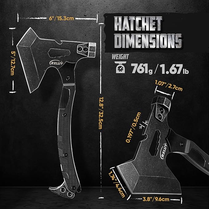 Tactical Axe with G10 Handle Camping Survival Hatchet, Multifunctional Outdoor Hiking Heavy Duty Full Tang Tomahawk Tools with Hammer, Unique Design Crowbar, Leather Sheath (Black)