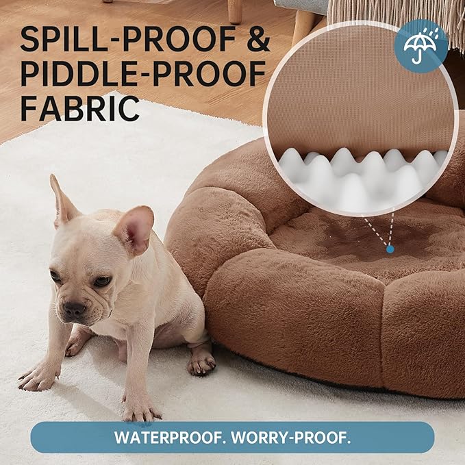 OhGeni 31 inches Calming Donut Orthopedic Dog & Cat Bed for Medium Pets, Warming Comfort Fluffy Short Pile Fur, Durable Waterproof Machine Washable Removable Cover, Cute Round Bed for Puppy, Brown