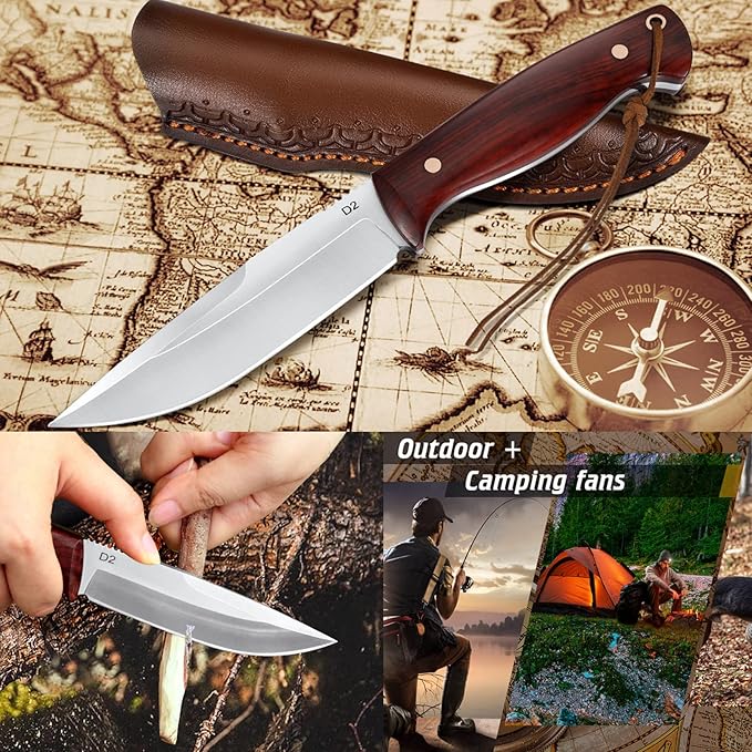 Benkey Fixed Blade Hunting Knife Full Tang with Leather Sheath, Solid & Sharp D2 Blade Outdoor Survival Hunting Knife, Comfortable Natural Wood Handle Camping Knife for Men and Women