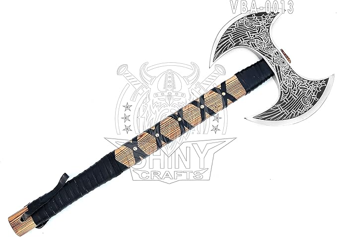SHINY CRAFTS- Camping Axe Tomahawk Viking Bearded Axe Christmas gifts-27 Long Odin's Double Edge Head Viking Axe Twin Blade Axe with Ash Wood Handle with Genuine Leather Sheath (VBA-0013)