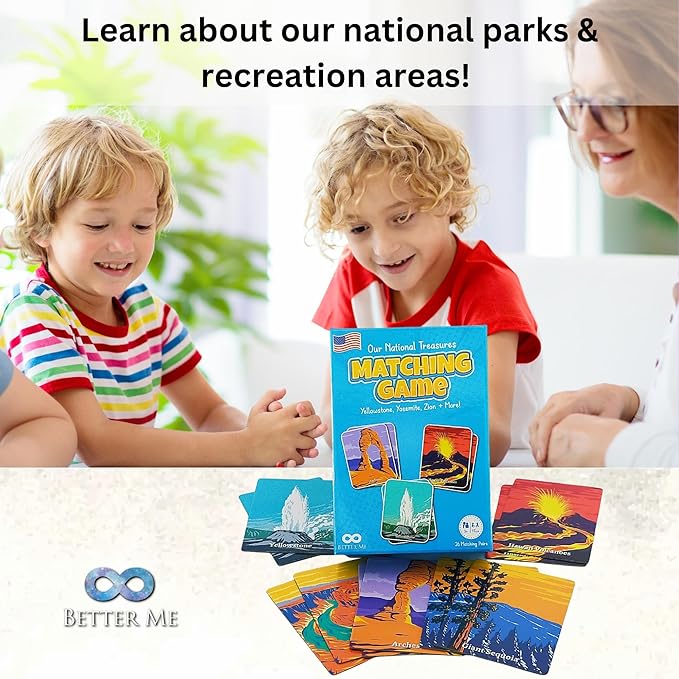 Better Me Our National Treasures Matching Game for Ages 3 & Up A Fun & Fast USA National Parks Memory Game for Kids. Yosemite, Yellowstone, Arches, Denali and More