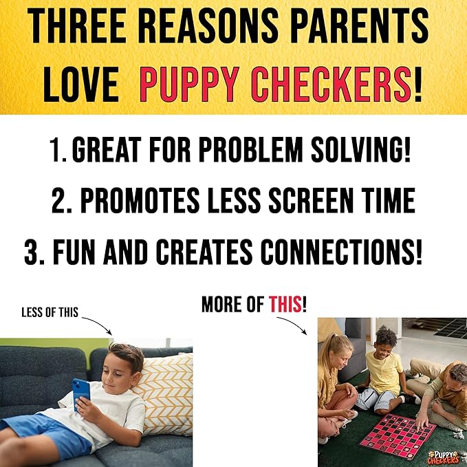 Puppy Checkers Board Game for Kids 8-12 and 4-8 with 56 Adhesive Dog Stickers - Great Learning Game for Game Night