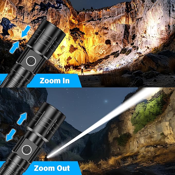 AdamStar Tactical High Lumens Flashlights, LED Rechargeable Flashlight Super Bright Flash Light with Power Display Waterproof Small Flashlights for Camping Emergencies, 6Modes Zoomable Pocket
