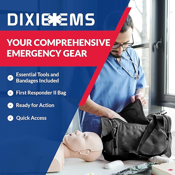 Fully Stocked Trauma First Aid Kit ??First Responder II Bag with Tools, Gauze, Bandages, Scissors & Gloves ??Compact & Portable ??OSHA and ANSI Compliant ??Black
