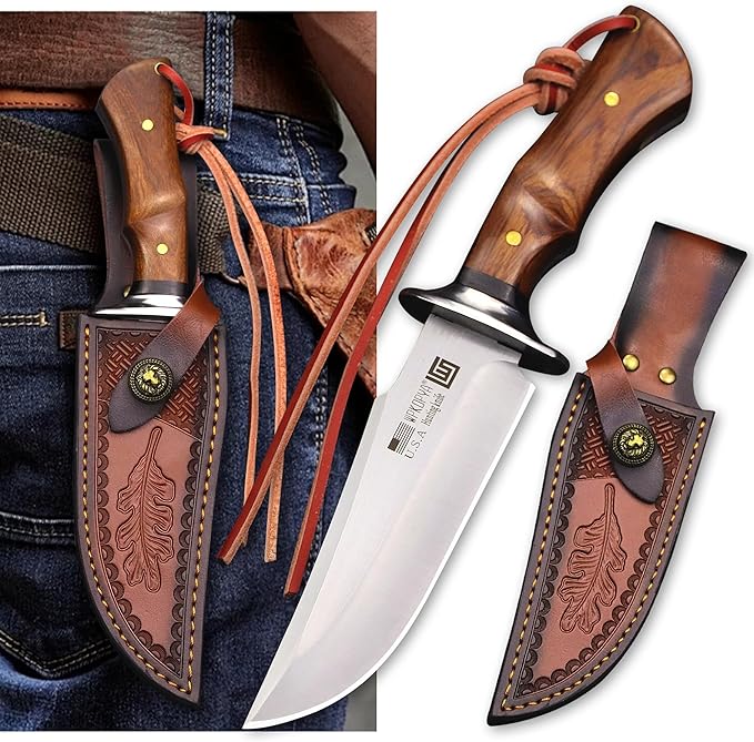 (USA 440C steel 10.5-inch hunting straight knife + leather sheath,suitable for outdoor travel, camping, survival, fishing, and Gifts for Men's and Women's Festivals