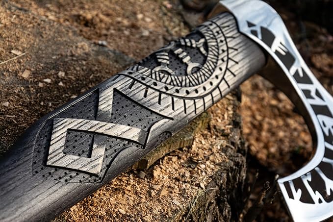 SHINY CRAFTS Viking Axe Hatchet - 27" Long Helm of Awe Carved Forged Steel With Engraving, Medieval Tomahawk, Runic Bearded Axe With Genuine Leather Sheath (VBA-0011)