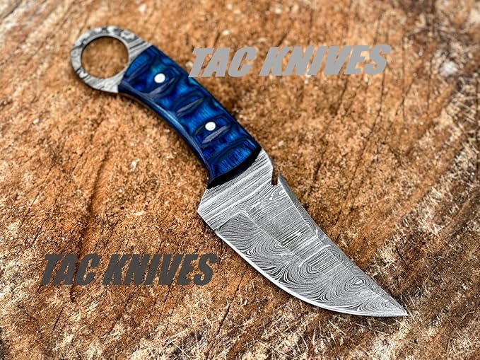 Bushcraft Survival Knife12T27 Damascus Steel Fixed Blade outdoor - Pakka Wood Handle - Pancake Leather Sheath - Traditional Field for Camping , Fishing, Hunting Knife, Men & Women - EDC Knife to Carry on Belt- (BLUE)