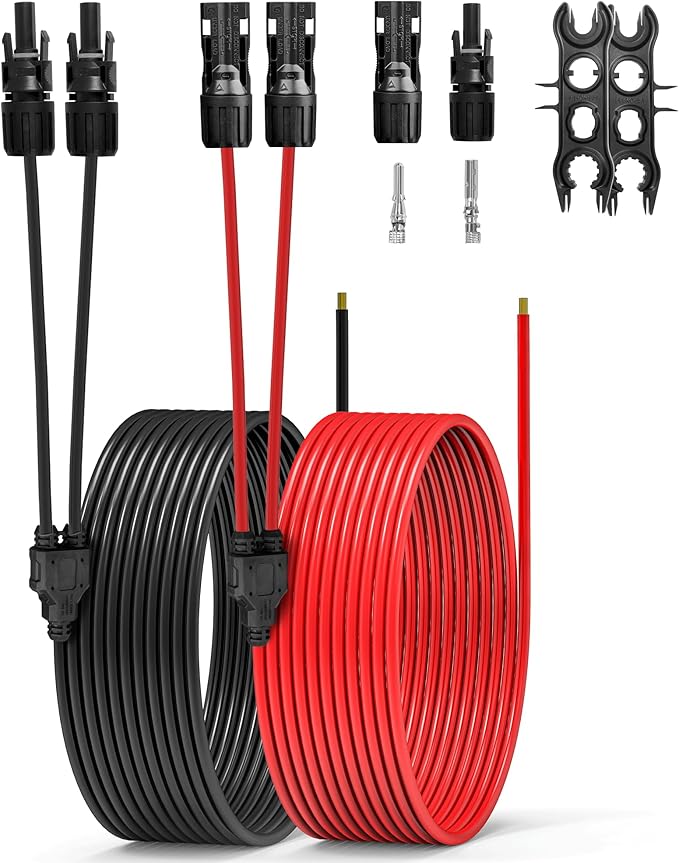 20FT 10AWG Solar Panel Extension Cable with Integrated Y Branch Parallel PV Adapter, 6mm² MC4 Solar Extension Cable with Extra Pair of Connectors and Spanners for Solar Panel (20FT Red+20FT Black)