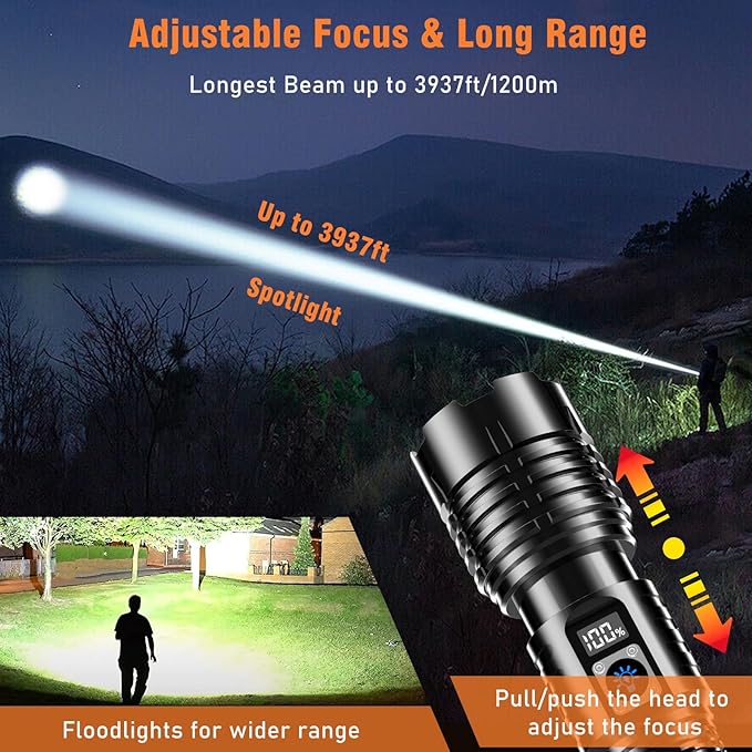 Flashlight 2000 High Lumens Rechargeable - LED Flash Light with LCD Display XHM77.2 Super Bright Police Powerful Linterna | 5 Modes & Adjustable Focus | IP67 Waterproof for Emergency Camping