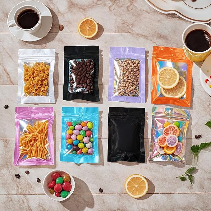 100 Pieces Resealable Smell Proof Bags - Foil Pouch Bags, Flat Clear Food Storage Plastic Packaging Foil Mylar Bags for Party Favor Food Storage (Holographic Color, 7x9 Inch)