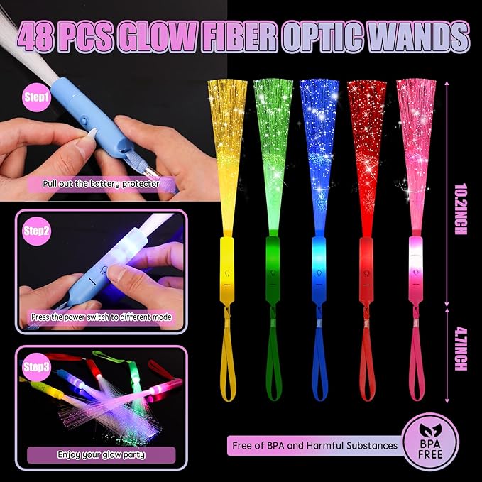 48PCS Fiber Optic Wand Glow Sticks, LED Light Up Wand, Glow in the Dark Party Supplies, Light Up Party Favors, Fiber Optic Lights, Glow Flashing Light Sticks for Neon Party Decorations, Christmas