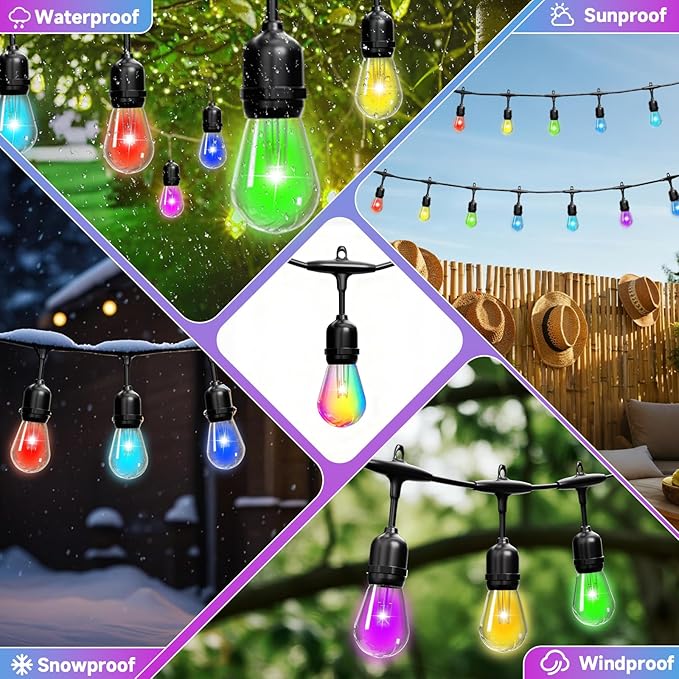 RGB Safety String Lights 150FT - Commercial Grade Low Voltage Strand with 60 S14 Shatterproof Bulbs for Tree Garden Yard bistro Cafe | RGB Party Lights & Outdoor Lights | IP65 Waterproof | UL Listed