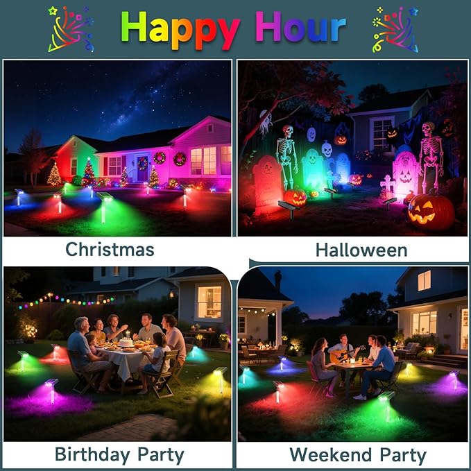 RGB Solar Spot Lights : 2 IN 1 Solar Lights Outdoor with 8 Lighting Modes & PC Light Guide Column for Tree Garden Yard Pathway | RGB Color Changing Landscape Lights | IP65 Waterproof | 12 Pack