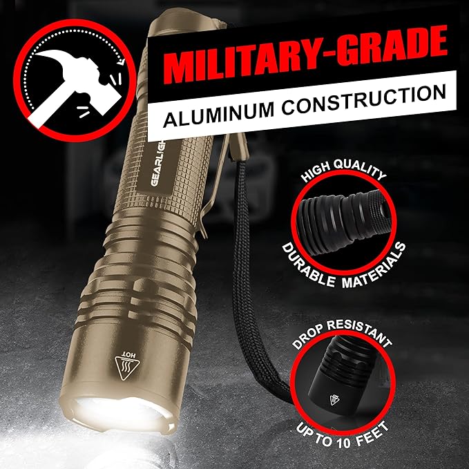 GearLight TAC LED Flashlight Pack - 2 Super Bright, Compact Tactical Flashlights with High Lumens for Outdoor Activity & Emergency Use - Gifts for Men & Women - Desert Tan