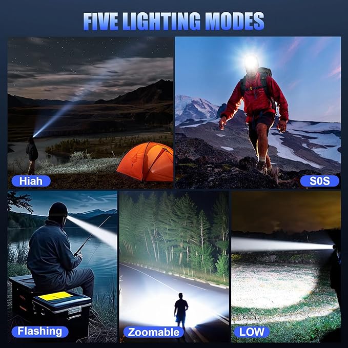 Head Lamps Led Rechargeable, Multi-Color Lights, Wave Induction, Zoom Function, Black,Flashlight for Camping Fishing Hiking Gear