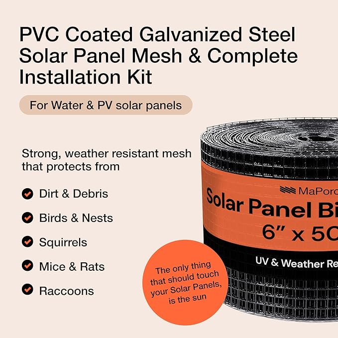 MaPorch Solar Panel Bird Guard Mesh Screen - 6 in x 120 ft Black PVC Coated Galvanized Steel - Solar Panel Netting Mesh - Includes 80 Clips, Scissors & Gloves for Easy DIY Install