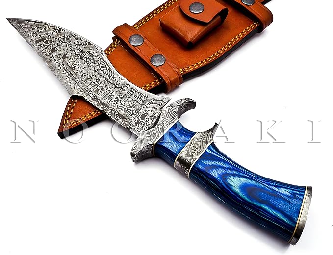 NOORAKI - 15??Damascus Bowie Knife with Sheath | Hand Made Hunting Knife - Fixed Blade Long Bowie Knives - Ideal for Survival ,Chopping, Camping, Outdoor Gift for Men |Tactical Knife Wood Handle (Blue)