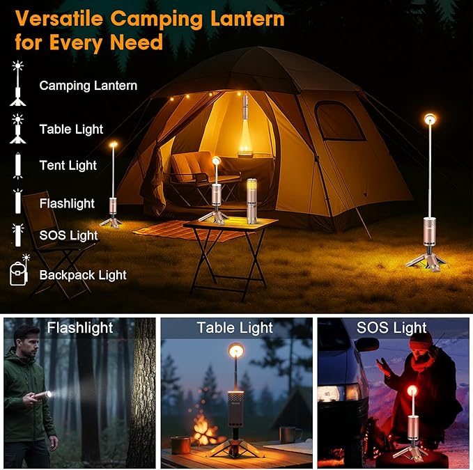 Camping Lights Rechargeable, Detachable Camping Lantern with Stand, Telescopic Waterproof Camp Lamp, Magnetic Work Hanging Light, LED Tent Flashlights for Emergency (Rose Gold)
