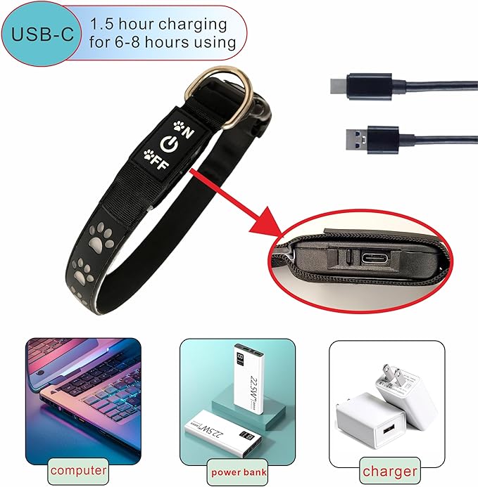 LED Light Up Dog Collar, USB-C Rechargeable, Multicolor Paw Print Design, 15 Modes Lighting Night Safety (Black Pro, L(15.7-19.7"))