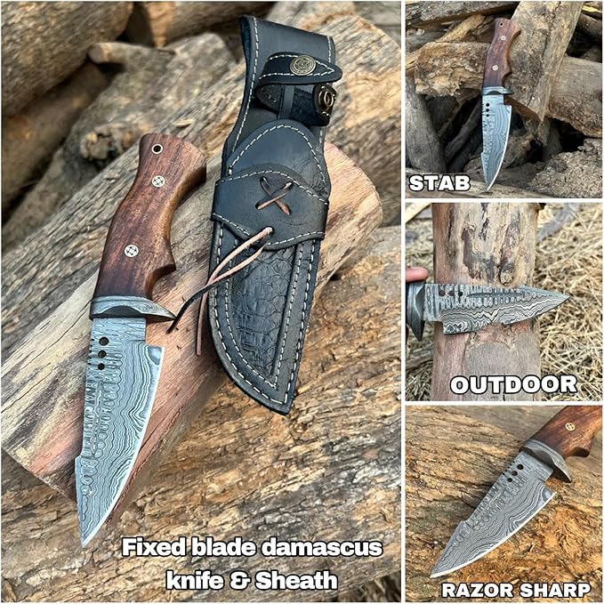 BUSHCRAFTS Custom Handmade Fixed Blade Damascus Steel Hunting Knife with Leather Sheath - 10 inch Skinning Survival Outdoor Camping Knives for Men with Horizontal and Vertical Carry