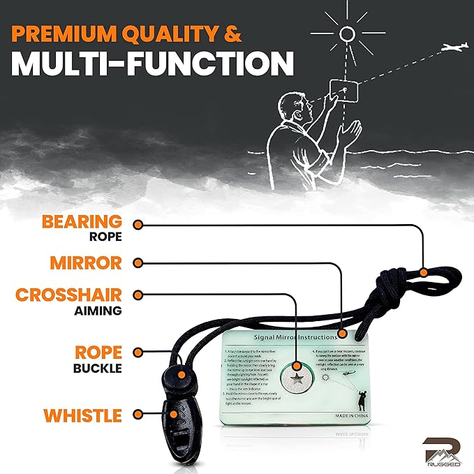 Rainier Rugged 5-in-1 Glow-in-The-Dark Fire Starters Kits with Compass, Signal Mirrors, Whistles -Magnesium Ferro Rods - Compact Portable Hiking, Camping, Trekking,Emergency Survival Rescue
