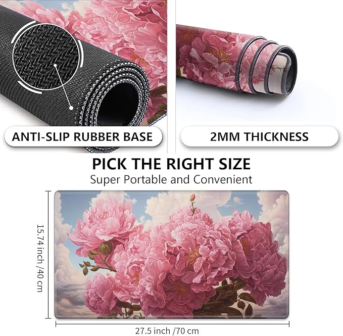 Playmat for MTG,Game Mat 27.5 x 15.74inches, Non Slip Rubber Backing TCG and Board Game Mat for Cards,Mousepad Desk Mats-Pink Peonies