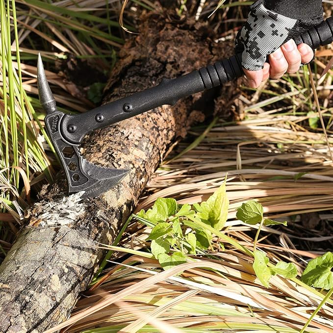 JXE JXO Camping Axe, Tomahawk with Spike, Survival Hatchet with Sheath, Nylon Fiber Handle for Outdoor Survival Hiking Camping (14.5 inch)