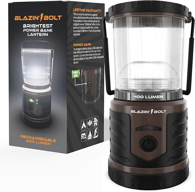 Blazin Bolt Rugged USB Rechargeable Lantern | 6000mAh Power Bank | 400 Lumen | 400 Hours of Light | 6 Modes | Camping, Emergency, Power Outage, Storm, Blizzard, Hurricane Survival