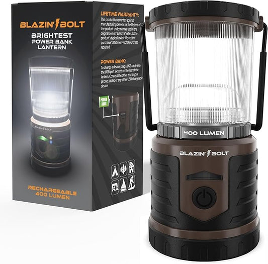 Blazin Bolt Rugged USB Rechargeable Lantern | 6000mAh Power Bank | 400 Lumen | 400 Hours of Light | 6 Modes | Camping, Emergency, Power Outage, Storm, Blizzard, Hurricane Survival