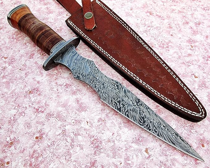 Poshland DG-71 Handmade Damscus steel leather handle Knife - Double Edge