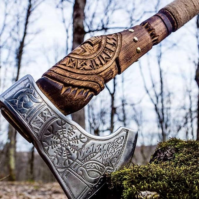 Viking Axe Forged High Carbon Steel Viking Axe | Balanced Ax | Odin Norse Bearded Axe | Camping Hatchet Axe | Sheath Included Handcrafted Ash Wood Shaft | Viking Gifts for Men