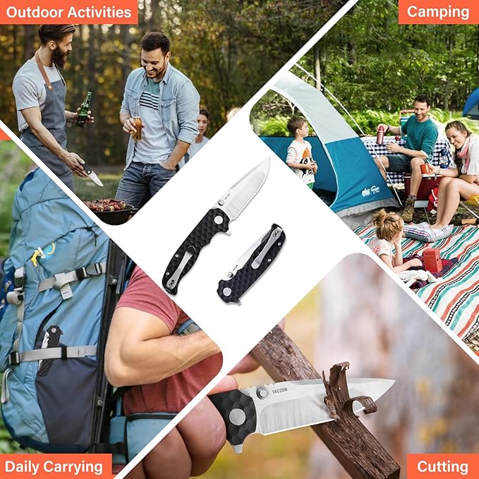 Men's Folding Pocket Knife – 3.4" Sandvik 14C28N Blade G10 Handle Ceramic Bearings Liner Lock Deep Pocket Clip – EDC Knife for Outdoor Hiking Survival Use