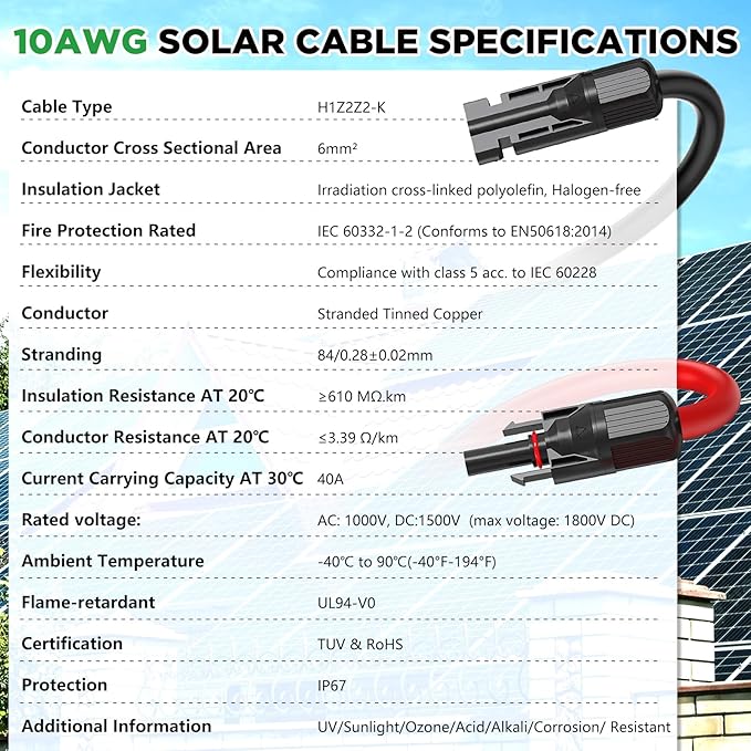 Oududianzi Solar Extension Cable 30Ft 10AWG, Solar Wire, 10 Gauge Tinned Copper PV Wire, Solar Panel Cables with Waterproof Male and Female Connectors for Home Boat RV Solar Photovoltaic Systems