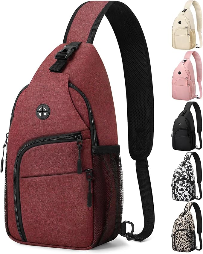 Crossbody Bags for Women Man Waterproof Sling Bag Backpack Trendy Casual Cross Body Bag with Convertible Shoulder Strap Chest Bag for Camping Hiking Travel Essentials (Wine, Medium)