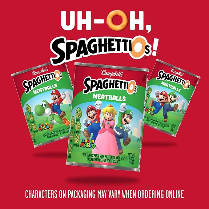 SpaghettiOs Super Mario Bros Canned Pasta with Meatballs, 15.6 oz Can (Pack of 12)