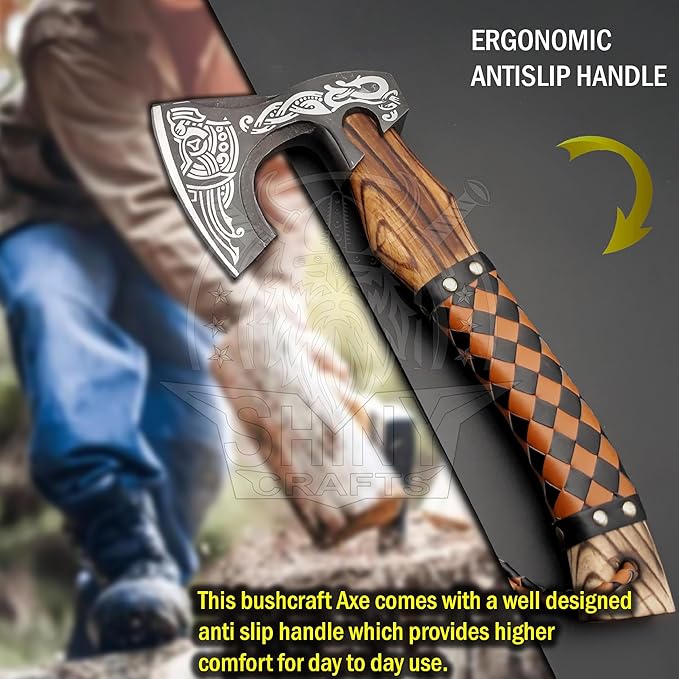 SHINY CRAFTS®- Handmade Viking Axe – Unique Gift for Him Engraved Carbon Steel Hatchet with Leather Sheath for Dad, Husband, Outdoorsman (SCA-03)