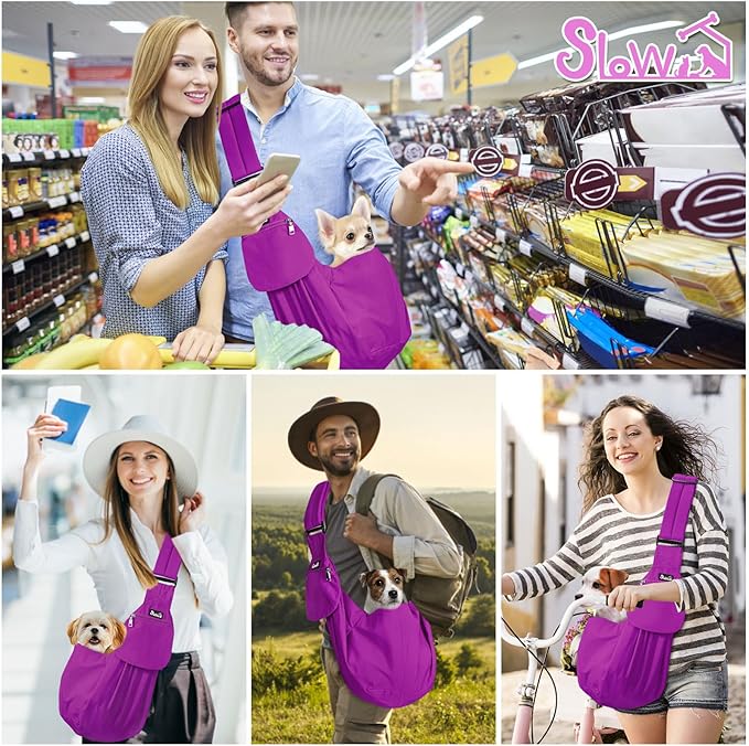 SlowTon Dog Carrier Sling - Thick Padded Shoulder Strap Adjustable Dog Carriers for Small Dogs, Puppy Carrier Purse for Pet Cat with Front Zipper Pocket Safety Belt Machine Washable (Purple S)