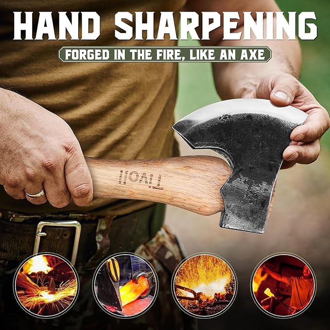 Tivoli 9-inch Small Hatchet Axe for Camping, Small Wood Hatchet Hand Axe, Hand Forged Carbon Steel Short Camp Axe for Chopping Wood, Ash Wood Handle, Retro Sheath
