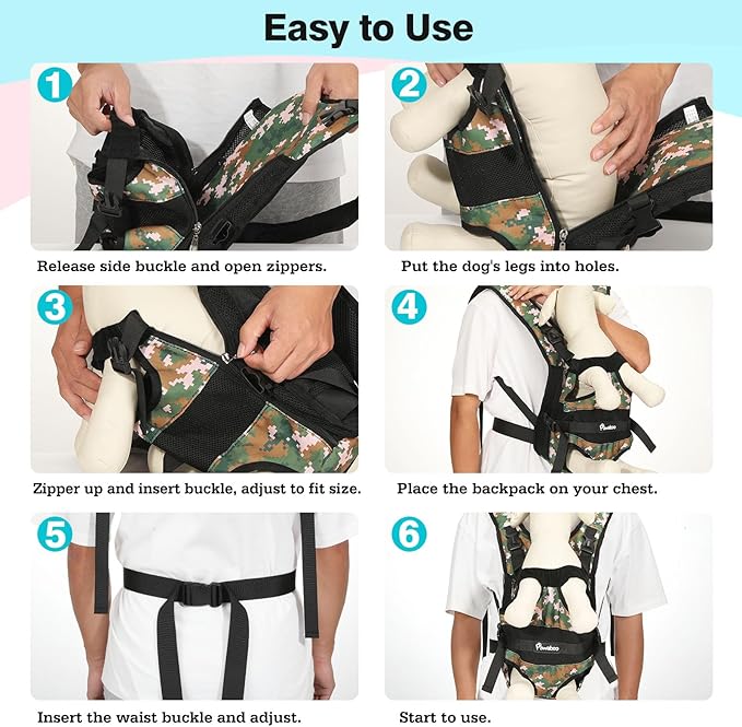 Pawaboo Pet Dog Front Carrier Backpacks, Legs Out Pet Carrier Backpack for Dogs, Adjustable Easy-fit Dog Chest Carriers for Small Medium Dogs Hands Free for Travel Hiking Cycling Camping, L, Camo
