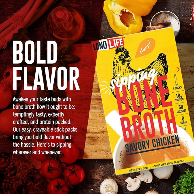 LonoLife Chicken Bone Broth Powder Mix | 10g Protein | Collagen-Rich, Keto & Paleo Friendly | Natural Ingredients | 10 Portable Stick Pack Servings