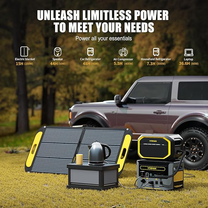 VTOMAN 2376Wh Portable Power Station Bundle with Extra Battery & 200W Solar Panel Included - Up to 2000W Solar Power Generator for Home Backup, Off-grid, Road Trip, RV, Camping, Fishing, Emergencies