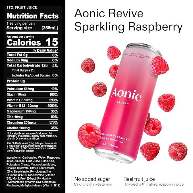 Aonic Revive Sparkling Raspberry ??Functional Hydration Drink, Magnesium + Potassium Electrolytes, Delicious Taste, Real Fruit Juice, 12oz (12 Pack)