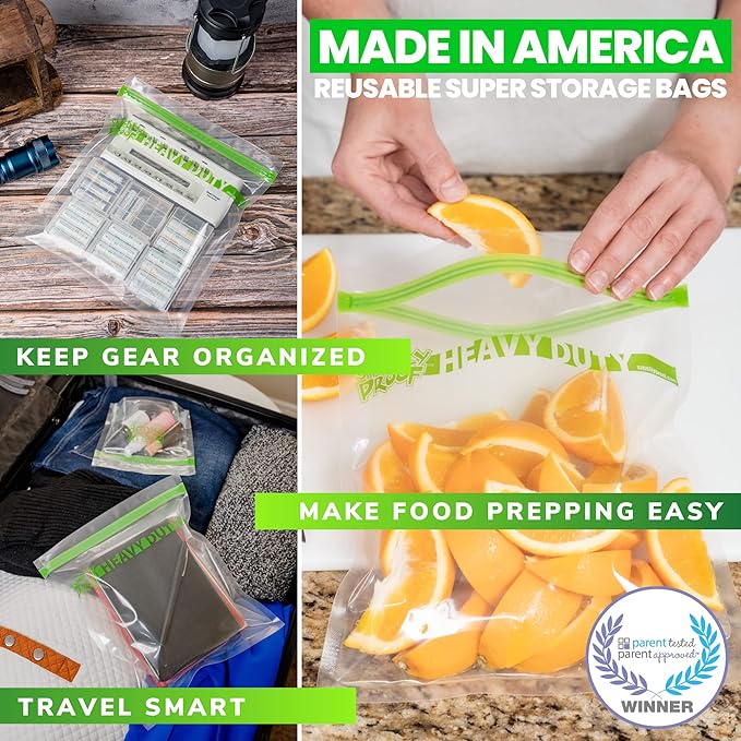 50pcs BULK DEAL, Reusable Extra HEAVY DUTY Bags Thick 5mil Reclosable Bags, BPA-Free, Washable Dishwasher-Safe, Made in USA Resealable Thick, FLAT Large Quart 10" x 8.5" - 50 pcs