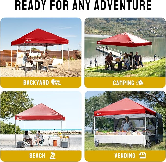 CROWN SHADES 8x8 Pop Up Canopy - Beach Tent with One Push Setup - Easy Outdoor Sun Shade for Events, Parties, Camping - Gazebo with STO-N-Go Cover Bag, Silver Coated Top, Red