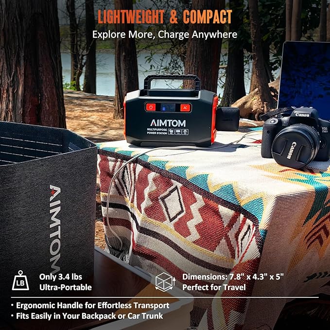 AIMTOM 200W Portable Power Station with 30W Solar Panel Bundle ??173Wh Lithium Battery, 250W Peak AC, USB-A, USB-C and 12V DC Outputs, High-Efficiency Solar Generator for Camping RV Emergency Backup