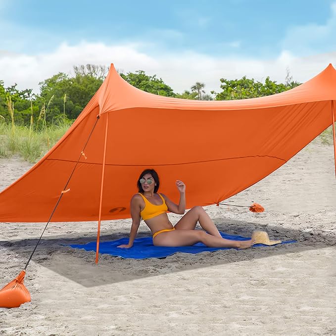 Red Suricata Family Beach Tent & Canopy, UPF50 Sun Shade, 4 Aluminum Poles, Sand Shovel, Medium Portable Sun Shelter (Medium, Orange)